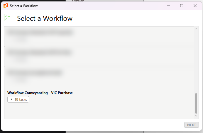 Selecting the Workflow Conveyancing VIC Purchase workflow in Smokeball Selecting the Workflow Conveyancing VIC Purchase workflow in Smokeball